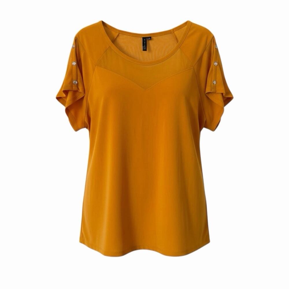 Zero 2 Eight Women's Mesh Yoke Split Sleeve Blouse, Mustard Yellow, Size XL